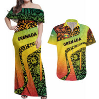 Grenada Tribal Floral Pattern Couples Matching Off Shoulder Maxi Dress and Hawaiian Shirt with Rasta Gradient and Flame Motto Design - Wonder Print Shop