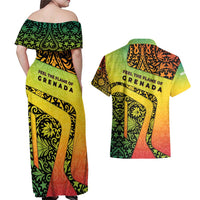 Grenada Tribal Floral Pattern Couples Matching Off Shoulder Maxi Dress and Hawaiian Shirt with Rasta Gradient and Flame Motto Design - Wonder Print Shop