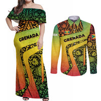 Grenada Tribal Floral Pattern Couples Matching Off Shoulder Maxi Dress and Long Sleeve Button Shirt with Rasta Gradient and Flame Motto Design - Wonder Print Shop