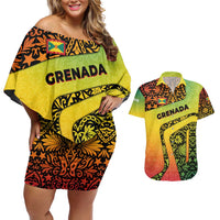 Grenada Tribal Floral Pattern Couples Matching Off Shoulder Short Dress and Hawaiian Shirt with Rasta Gradient and Flame Motto Design - Wonder Print Shop