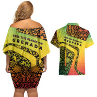 Grenada Tribal Floral Pattern Couples Matching Off Shoulder Short Dress and Hawaiian Shirt with Rasta Gradient and Flame Motto Design - Wonder Print Shop