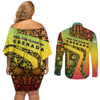 Grenada Tribal Floral Pattern Couples Matching Off Shoulder Short Dress and Long Sleeve Button Shirt with Rasta Gradient and Flame Motto Design - Wonder Print Shop