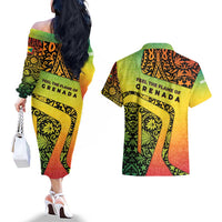 Grenada Tribal Floral Pattern Couples Matching Off The Shoulder Long Sleeve Dress and Hawaiian Shirt with Rasta Gradient and Flame Motto Design - Wonder Print Shop