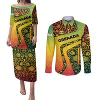 Grenada Tribal Floral Pattern Couples Matching Puletasi and Long Sleeve Button Shirt with Rasta Gradient and Flame Motto Design - Wonder Print Shop