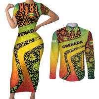 Grenada Tribal Floral Pattern Couples Matching Short Sleeve Bodycon Dress and Long Sleeve Button Shirt with Rasta Gradient and Flame Motto Design - Wonder Print Shop