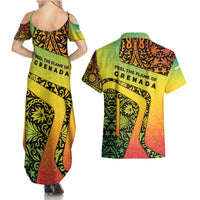 Grenada Tribal Floral Pattern Couples Matching Summer Maxi Dress and Hawaiian Shirt with Rasta Gradient and Flame Motto Design - Wonder Print Shop