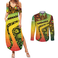 Grenada Tribal Floral Pattern Couples Matching Summer Maxi Dress and Long Sleeve Button Shirt with Rasta Gradient and Flame Motto Design - Wonder Print Shop