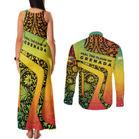 Grenada Tribal Floral Pattern Couples Matching Tank Maxi Dress and Long Sleeve Button Shirt with Rasta Gradient and Flame Motto Design - Wonder Print Shop