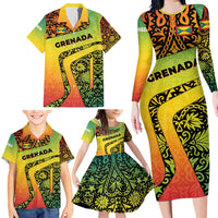 Grenada Tribal Floral Pattern Family Matching Long Sleeve Bodycon Dress and Hawaiian Shirt with Rasta Gradient and Flame Motto Design - Wonder Print Shop