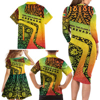 Grenada Tribal Floral Pattern Family Matching Long Sleeve Bodycon Dress and Hawaiian Shirt with Rasta Gradient and Flame Motto Design - Wonder Print Shop