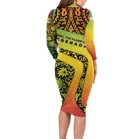 Grenada Tribal Floral Pattern Family Matching Long Sleeve Bodycon Dress and Hawaiian Shirt with Rasta Gradient and Flame Motto Design - Wonder Print Shop