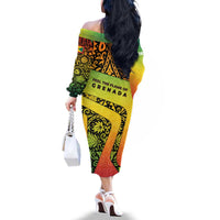 Grenada Tribal Floral Pattern Family Matching Off The Shoulder Long Sleeve Dress and Hawaiian Shirt with Rasta Gradient and Flame Motto Design - Wonder Print Shop