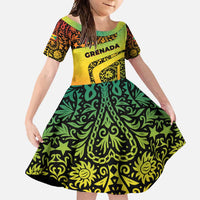 Grenada Tribal Floral Pattern Family Matching Off Shoulder Maxi Dress and Hawaiian Shirt with Rasta Gradient and Flame Motto Design - Wonder Print Shop