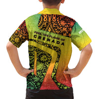 Grenada Tribal Floral Pattern Family Matching Off Shoulder Short Dress and Hawaiian Shirt with Rasta Gradient and Flame Motto Design - Wonder Print Shop