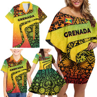 Grenada Tribal Floral Pattern Family Matching Off Shoulder Short Dress and Hawaiian Shirt with Rasta Gradient and Flame Motto Design - Wonder Print Shop