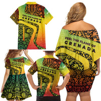 Grenada Tribal Floral Pattern Family Matching Off Shoulder Short Dress and Hawaiian Shirt with Rasta Gradient and Flame Motto Design - Wonder Print Shop