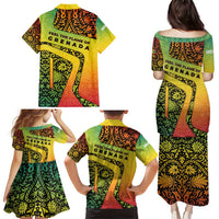 Grenada Tribal Floral Pattern Family Matching Puletasi and Hawaiian Shirt with Rasta Gradient and Flame Motto Design - Wonder Print Shop