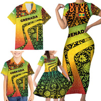Grenada Tribal Floral Pattern Family Matching Short Sleeve Bodycon Dress and Hawaiian Shirt with Rasta Gradient and Flame Motto Design - Wonder Print Shop