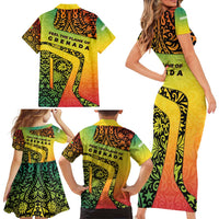 Grenada Tribal Floral Pattern Family Matching Short Sleeve Bodycon Dress and Hawaiian Shirt with Rasta Gradient and Flame Motto Design - Wonder Print Shop