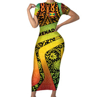 Grenada Tribal Floral Pattern Family Matching Short Sleeve Bodycon Dress and Hawaiian Shirt with Rasta Gradient and Flame Motto Design - Wonder Print Shop