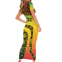 Grenada Tribal Floral Pattern Family Matching Short Sleeve Bodycon Dress and Hawaiian Shirt with Rasta Gradient and Flame Motto Design - Wonder Print Shop
