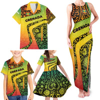 Grenada Tribal Floral Pattern Family Matching Tank Maxi Dress and Hawaiian Shirt with Rasta Gradient and Flame Motto Design - Wonder Print Shop