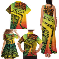 Grenada Tribal Floral Pattern Family Matching Tank Maxi Dress and Hawaiian Shirt with Rasta Gradient and Flame Motto Design - Wonder Print Shop