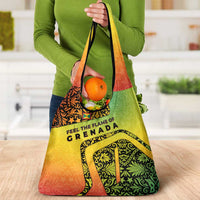 Grenada Tribal Floral Pattern Grocery Bag with Rasta Gradient and Flame Motto Design - Wonder Print Shop