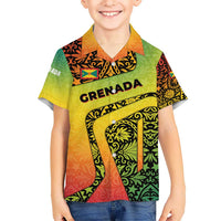 Grenada Tribal Floral Pattern Kid Hawaiian Shirt with Rasta Gradient and Flame Motto Design - Wonder Print Shop