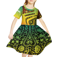Grenada Tribal Floral Pattern Kid Short Sleeve Dress with Rasta Gradient and Flame Motto Design - Wonder Print Shop