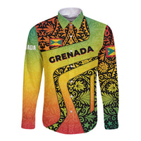 Grenada Tribal Floral Pattern Long Sleeve Button Shirt with Rasta Gradient and Flame Motto Design - Wonder Print Shop