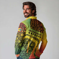 Grenada Tribal Floral Pattern Long Sleeve Polo Shirt with Rasta Gradient and Flame Motto Design - Wonder Print Shop