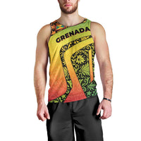 Grenada Tribal Floral Pattern Men Tank Top with Rasta Gradient and Flame Motto Design - Wonder Print Shop
