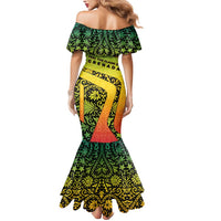 Grenada Tribal Floral Pattern Mermaid Dress with Rasta Gradient and Flame Motto Design - Wonder Print Shop