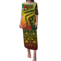 Grenada Tribal Floral Pattern Puletasi with Rasta Gradient and Flame Motto Design - Wonder Print Shop