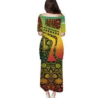 Grenada Tribal Floral Pattern Puletasi with Rasta Gradient and Flame Motto Design - Wonder Print Shop