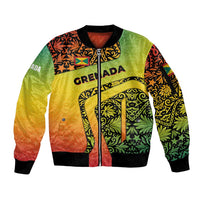 Grenada Tribal Floral Pattern Sleeve Zip Bomber Jacket with Rasta Gradient and Flame Motto Design - Wonder Print Shop