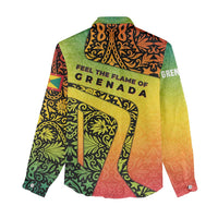 Grenada Tribal Floral Pattern Women Casual Shirt with Rasta Gradient and Flame Motto Design - Wonder Print Shop