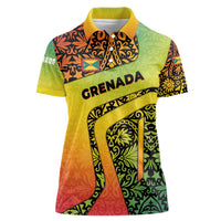 Grenada Tribal Floral Pattern Women Polo Shirt with Rasta Gradient and Flame Motto Design - Wonder Print Shop