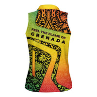 Grenada Tribal Floral Pattern Women Sleeveless Polo Shirt with Rasta Gradient and Flame Motto Design - Wonder Print Shop