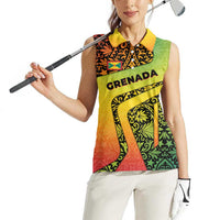 Grenada Tribal Floral Pattern Women Sleeveless Polo Shirt with Rasta Gradient and Flame Motto Design - Wonder Print Shop