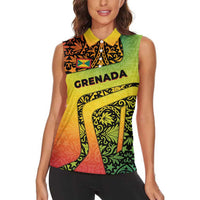Grenada Tribal Floral Pattern Women Sleeveless Polo Shirt with Rasta Gradient and Flame Motto Design - Wonder Print Shop