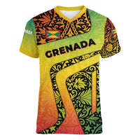 Grenada Tribal Floral Pattern Women V-Neck T-Shirt with Rasta Gradient and Flame Motto Design - Wonder Print Shop