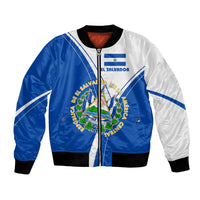 El Salvador National Flag Bomber Jacket with Coat of Arms and Blue White Stripes Design - Wonder Print Shop