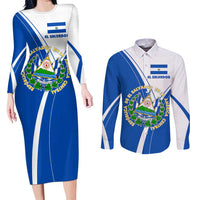 El Salvador National Flag Couples Matching Long Sleeve Bodycon Dress and Long Sleeve Button Shirt with Coat of Arms and Blue White Stripes Design - Wonder Print Shop
