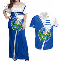El Salvador National Flag Couples Matching Off Shoulder Maxi Dress and Hawaiian Shirt with Coat of Arms and Blue White Stripes Design - Wonder Print Shop