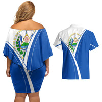 El Salvador National Flag Couples Matching Off Shoulder Short Dress and Hawaiian Shirt with Coat of Arms and Blue White Stripes Design - Wonder Print Shop