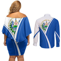 El Salvador National Flag Couples Matching Off Shoulder Short Dress and Long Sleeve Button Shirt with Coat of Arms and Blue White Stripes Design - Wonder Print Shop