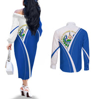 El Salvador National Flag Couples Matching Off The Shoulder Long Sleeve Dress and Long Sleeve Button Shirt with Coat of Arms and Blue White Stripes Design - Wonder Print Shop