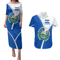 El Salvador National Flag Couples Matching Puletasi and Hawaiian Shirt with Coat of Arms and Blue White Stripes Design - Wonder Print Shop